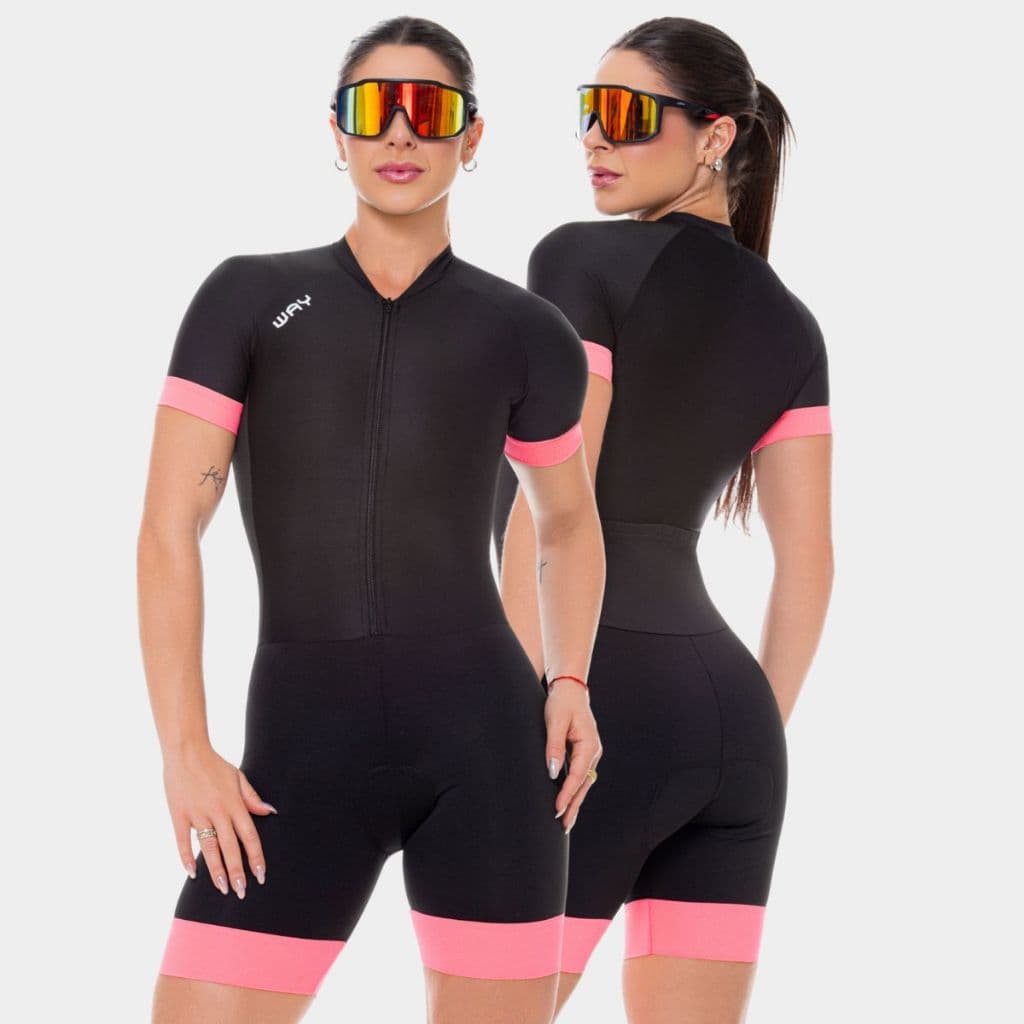Macaquinho de Ciclismo Feminino Forro Gel Macacão Preto Rosa Way Fresh Roupa Bike Pedal Mtb