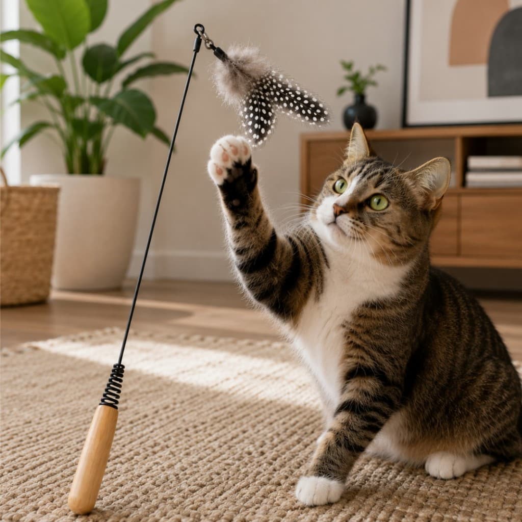 Varinha Com Mola Para Gato Brinquedo Vareta Interativa Com Penas e Sino Cabo de Madeira Resistente LR-0356