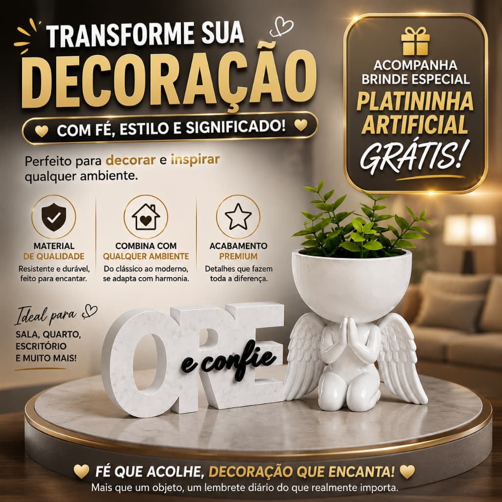 Letreiro decorativo Ore e confie + Vaso de anjinho 3D decoração cantinho da fé perfeito para quarto, sala, e escritórios