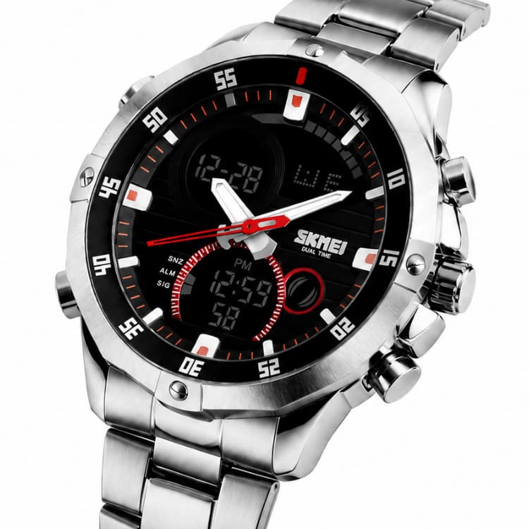 Relógio Masculino Skmei 1146 Original AnaDigi Prata Aço Inoxidável 3ATM Cronômetro Alarme Luz LED Garantia 12 Meses