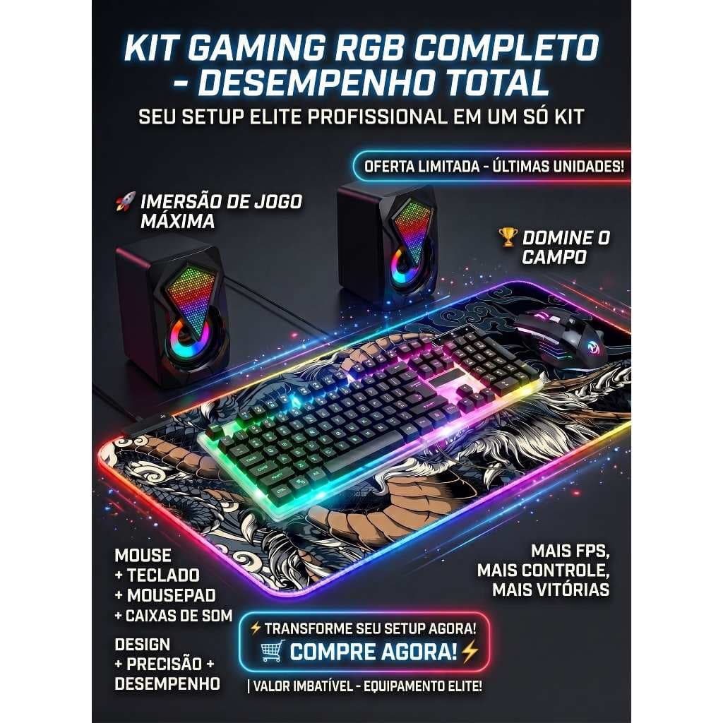 Kit Gamer Setup Mouse RGB + Teclado Semimecânico + Mousepad Dragão RGB 80x30cm + Caixa De Som LED