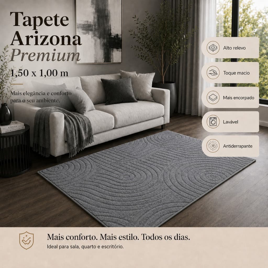 Tapete Sala Cinza 1,50X1,00 Alto Relevo Premium Macio Antiderrapante Quarto Escritório