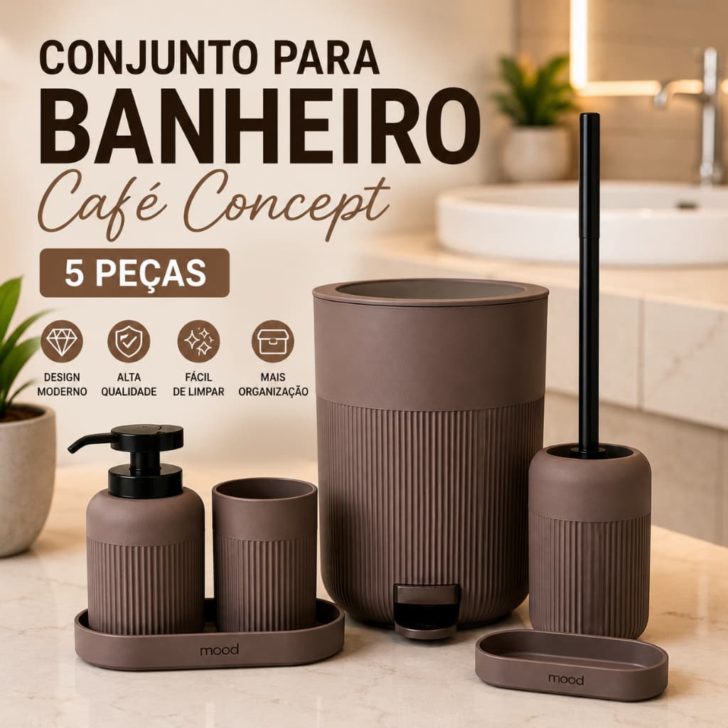 Kit para Banheiro Luxo 5 Peças Lixeira com Pedal Dispenser Escova Sanitaria e Porta Objetos Premium
