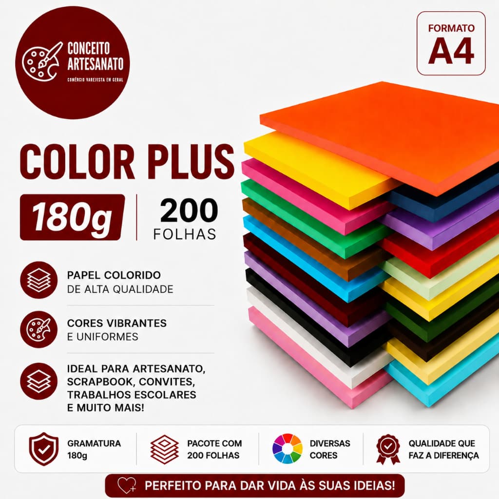 Papel Color Plus A4 180g Massa Colorida 200 Folhas Várias Cores