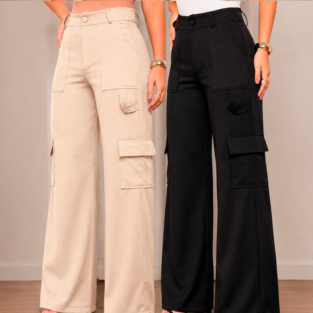 Calça Pantalona Cargo Feminina Alfaiataria Wide Leg Social Casual Moda Blogueira Elegante Elástico