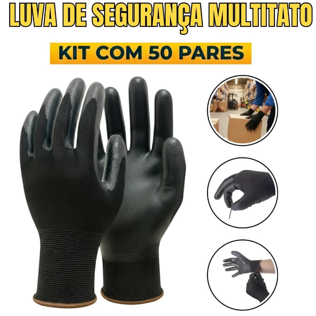 Kit 50 Luvas de Segurança Multitato PU, EPI Mecanico, Pedreiro, Eletricista, Logistica e Entregado