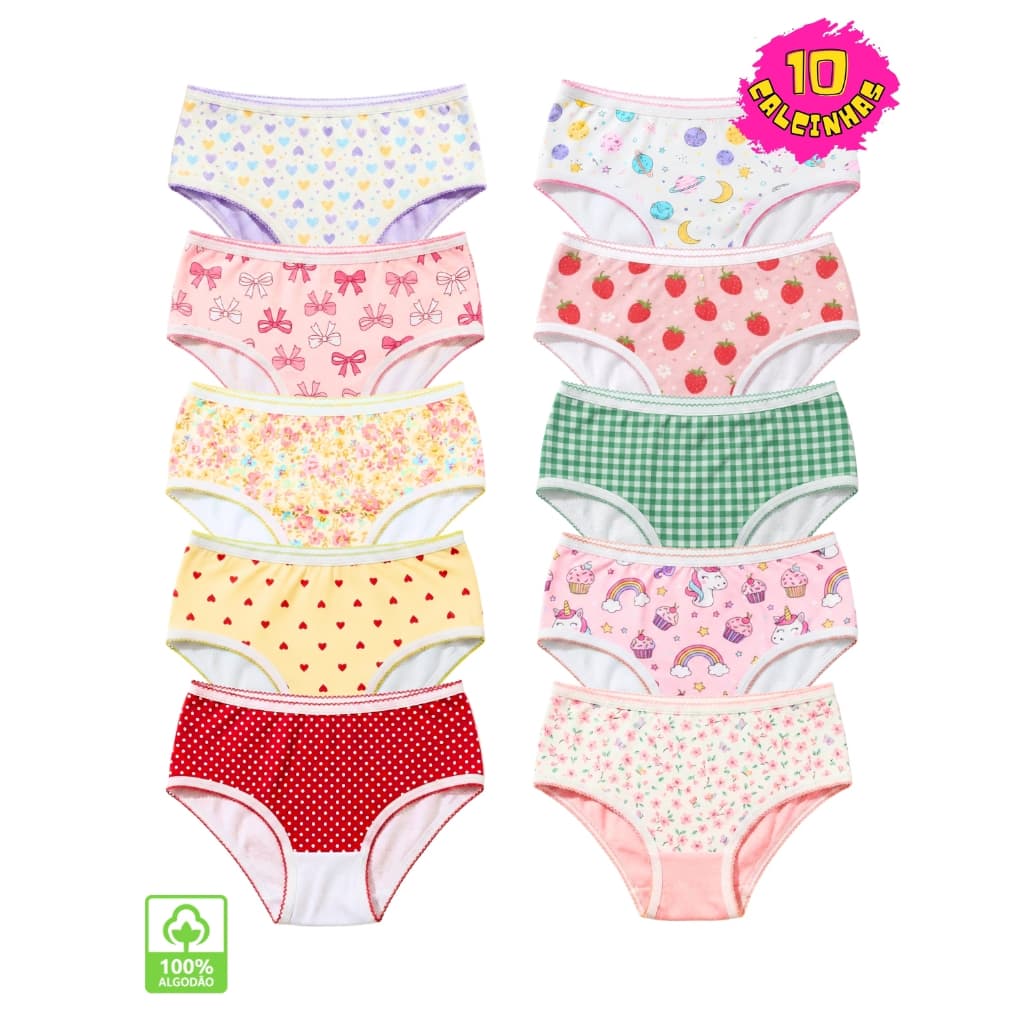 Kit 10 Calcinhas Infantil Menina Básica Algodão com Forro 1 a 8 Anos Roupa de Criança