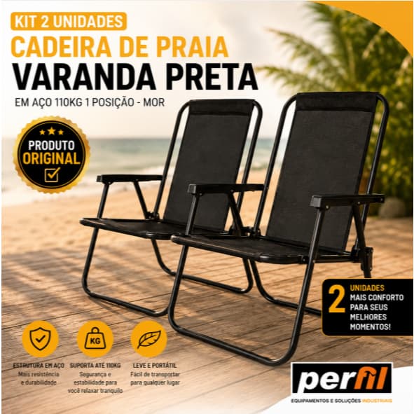 KIT 2 CADEIRAS DE PRAIA PRETA EM AÇO 110KG 1 POSIÇÃO MOR cadeira de praia dobrável cadeira dobravel
