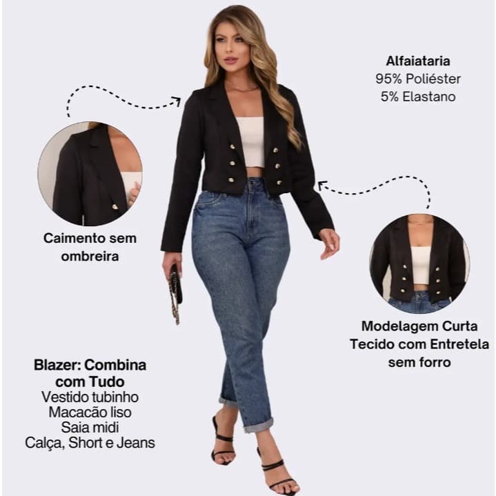 Blazer Cropped Botões Frontais Social Feminino ~Tecido Alfaiataria Moda Mini Blazer Elegante
