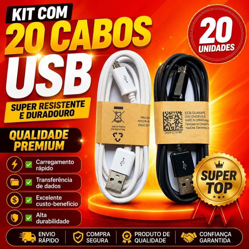 KIT Com 20 Cabos V8 SUPER Resistentes Custo Beneficio