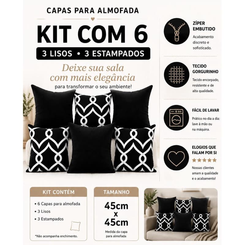 Kit 6 Capas de Almofada 45x45 Gorgurinho Decorativas Zíper Embutido 3 Lisas 3 Estampadas.