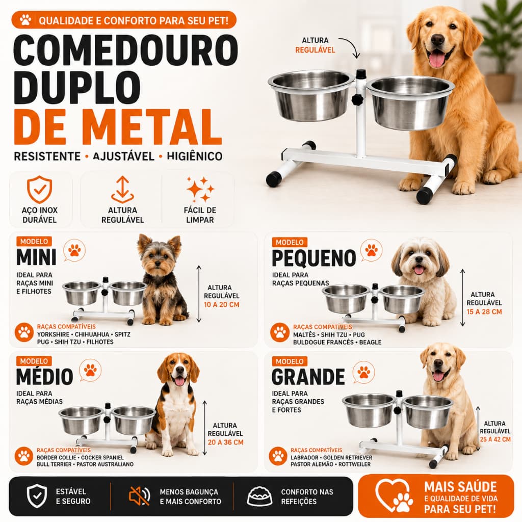 Comedouro Duplo Elevado Alto Ajustável Regulável para Cachorro e Gato