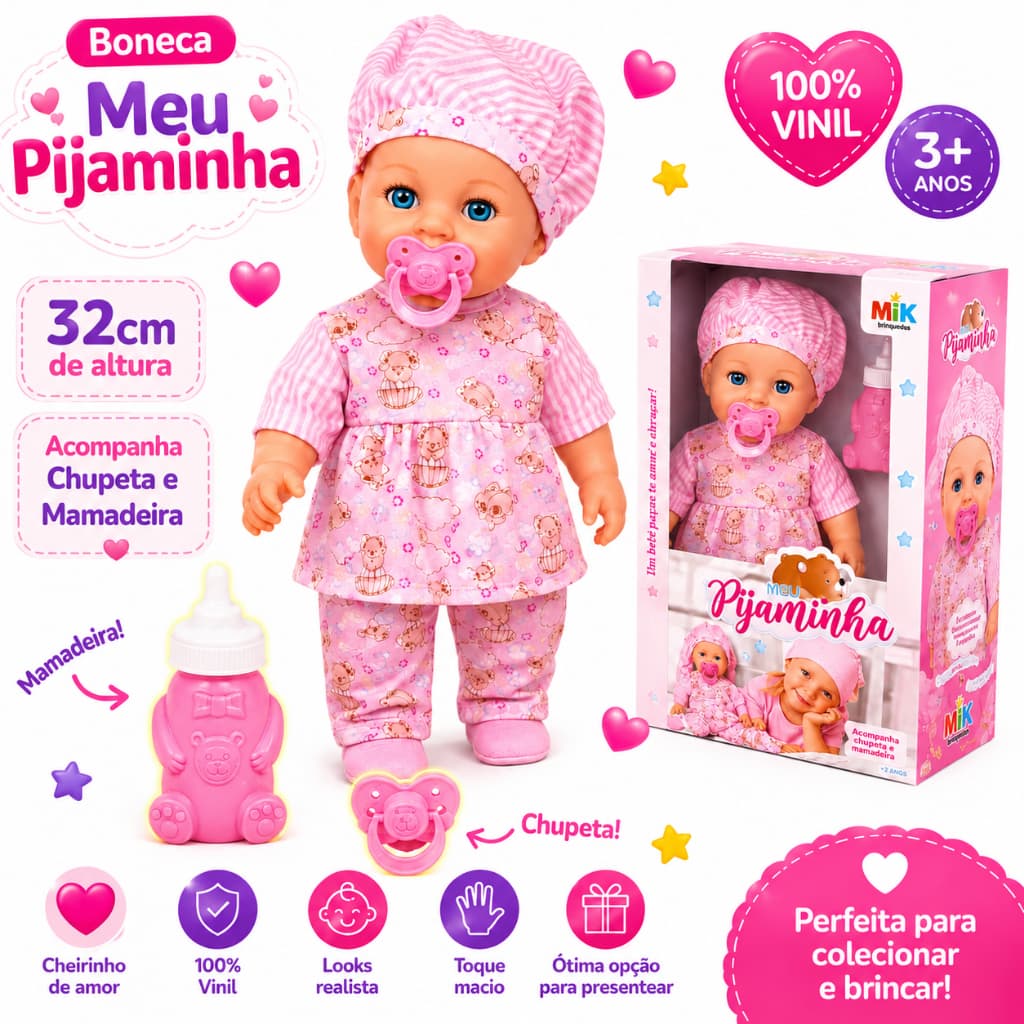Boneca Bebê Meu Pijaminha Com Mamadeira E Chupeta Menina