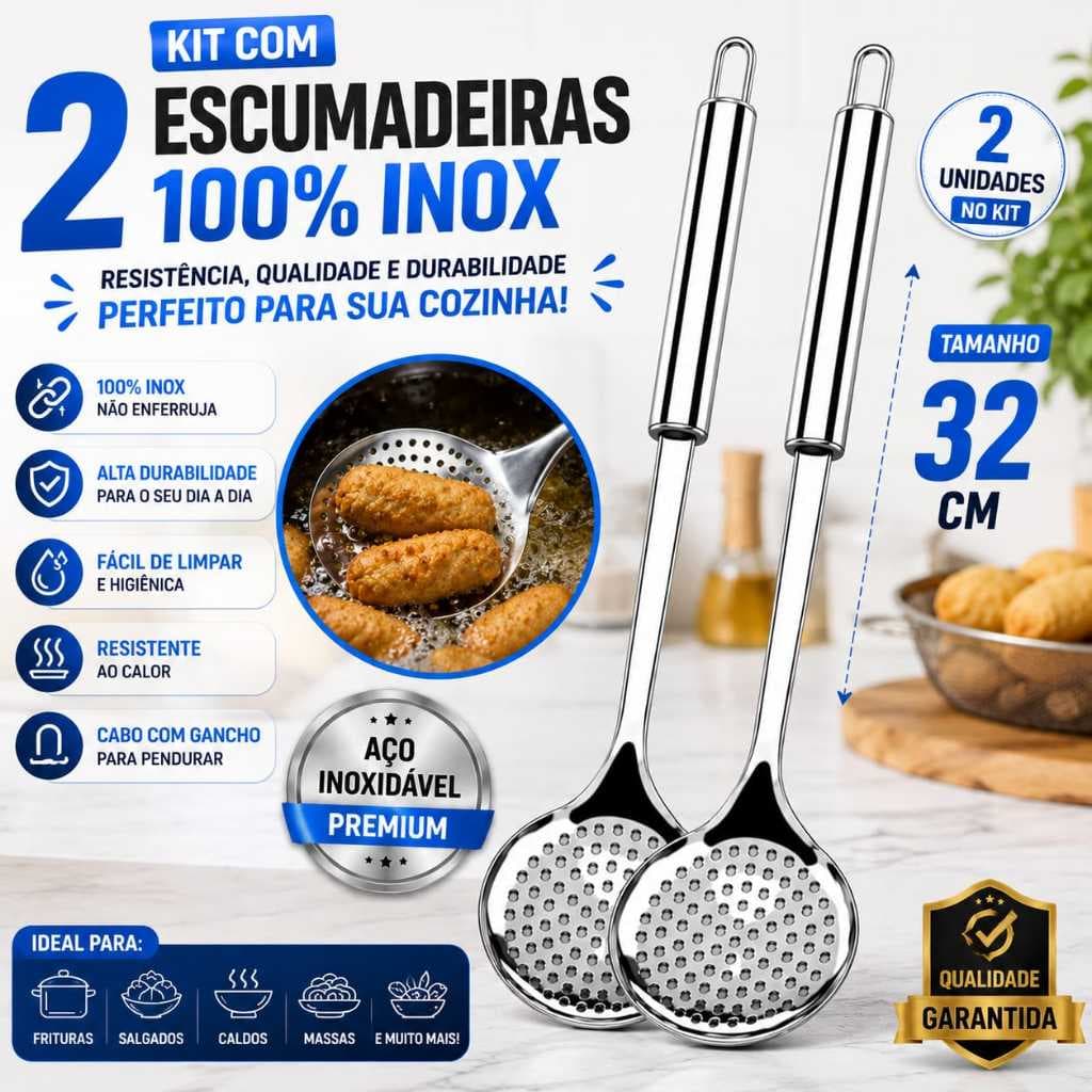 Kit Com 2 Escumadeiras De Aco Inoxidavel Premium 32 Cm Frituras Cozinha Escumadeira 32 Cm Cozinha