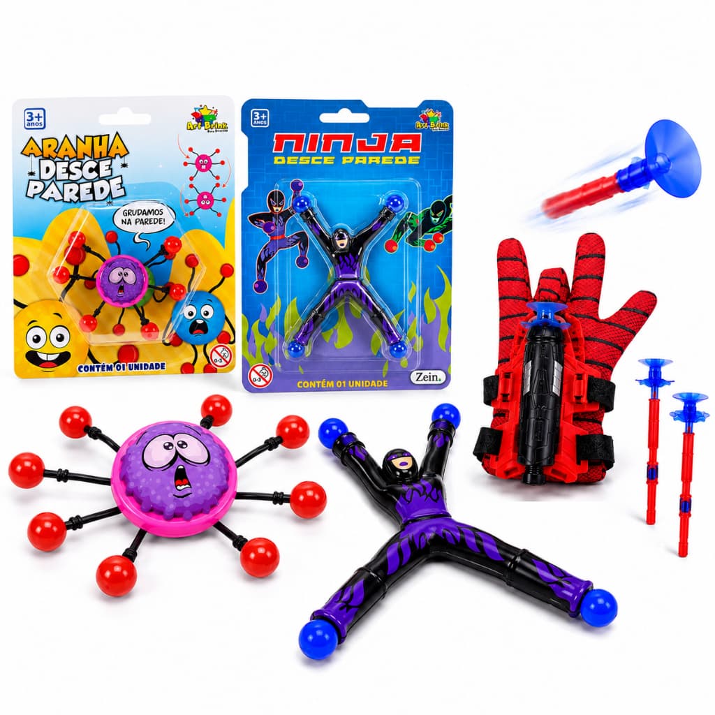 Kit Aranha Gruda Desce Parede e Vidro + Boneco Super Ninja Gruda e Desce Parede Vidro + Luva do Homem Aranha Lança Teia