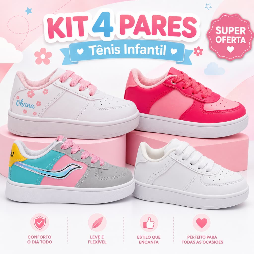 Kit 4 Pares Tênis Infantil Menina Casual Confortável E Versátil Para Todas As Ocasiões