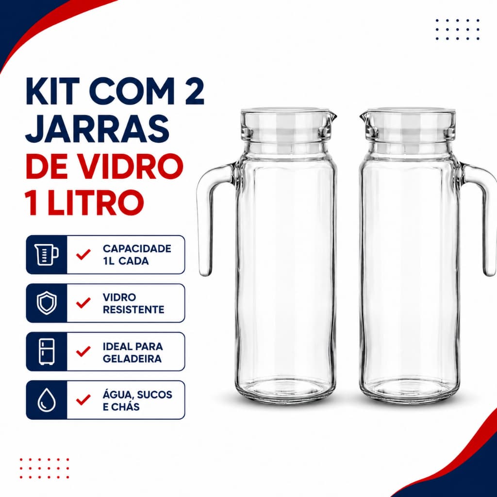 Kit 2 Jarras de Vidro Redonda1L com Tampa Água Suco Vidro Resistente Clean 1 ou 2 Jarras