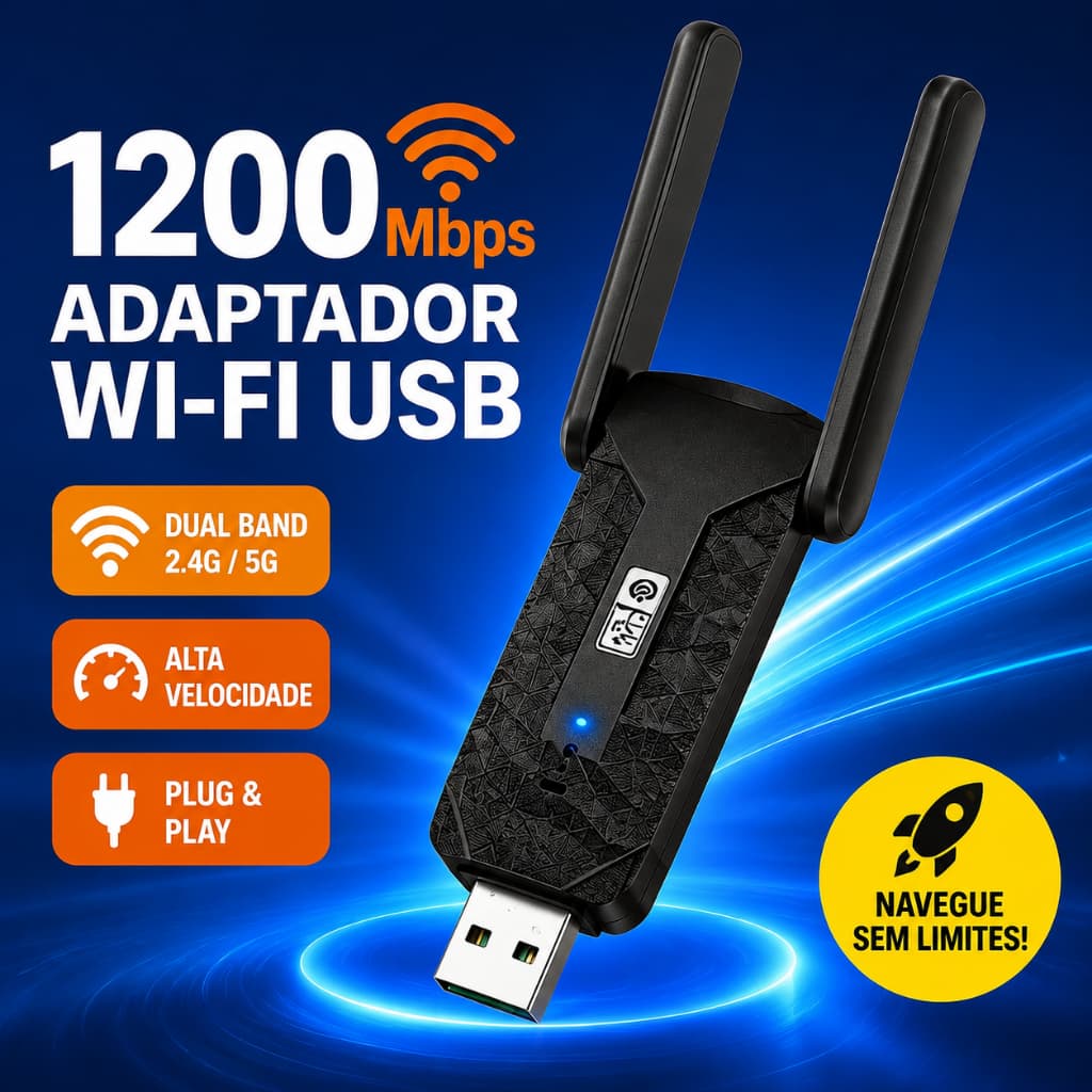 Adaptador Wi-Fi USB 3.0 1200Mbps Banda Dupla Antena Dupla para PC Notebook N43