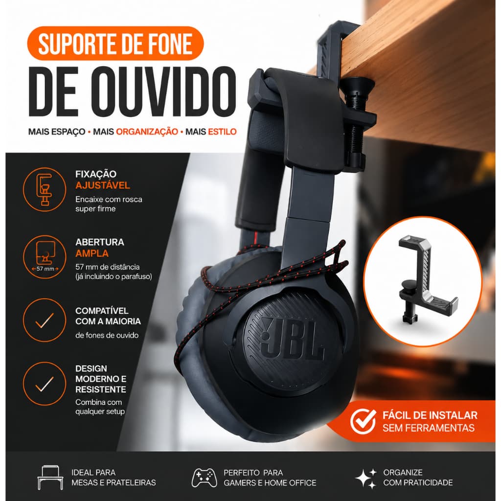 Suporte Para Fone De Ouvido Headset Gamer Regulável Mesa Sem Furar Premium PETG