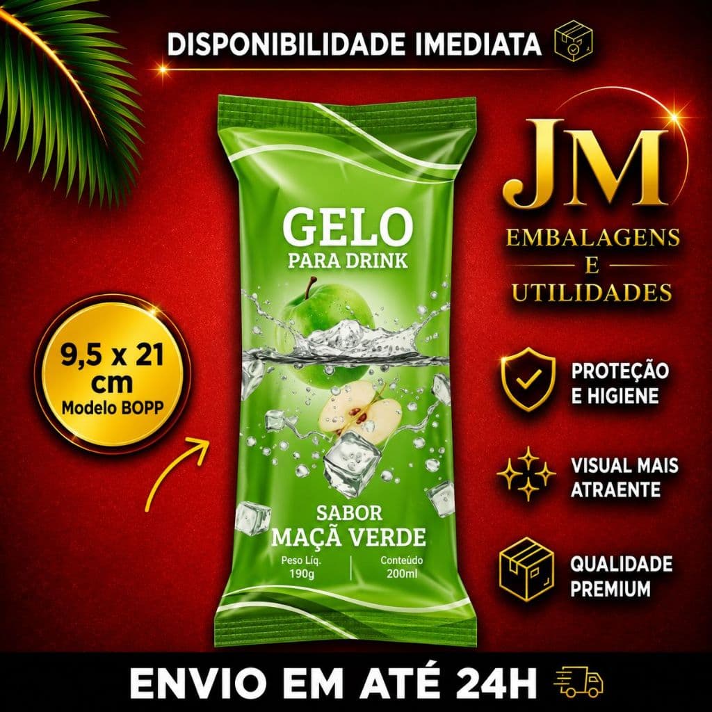 01 PACOTE Embalagem para Gelo Saborizado (Sabor Maçã Verde) - 200 Embalagens Bopp 9,5 x 21.
