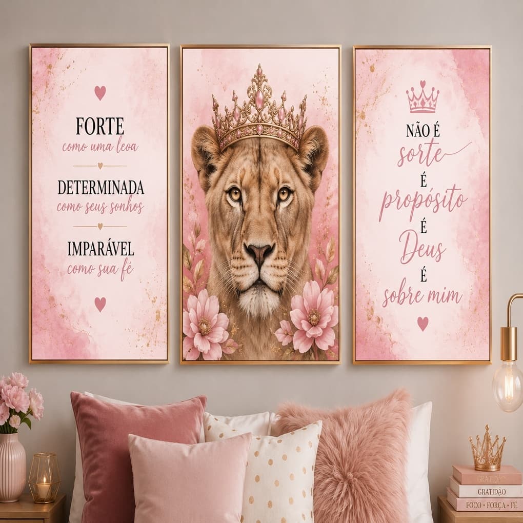 Quadro Decorativo Kit 3 Peças Feminino Leoa Coroa Frases Motivacionais Rosa Quarto