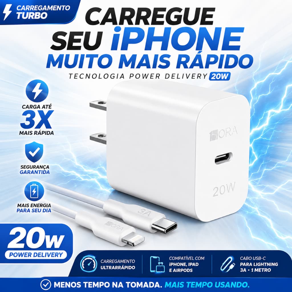 Carregador Rápido 20W USB-C PD Cabo Lightning 3A iPhone iPad Apple Plug Americano