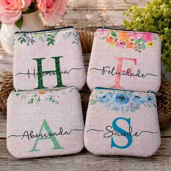 PORTA-MOEDAS COM PALAVRAS MOTIVADORAS / MINI BOLSINHA / BOLSINHA MULTIUSO _ DYH BOLSAS