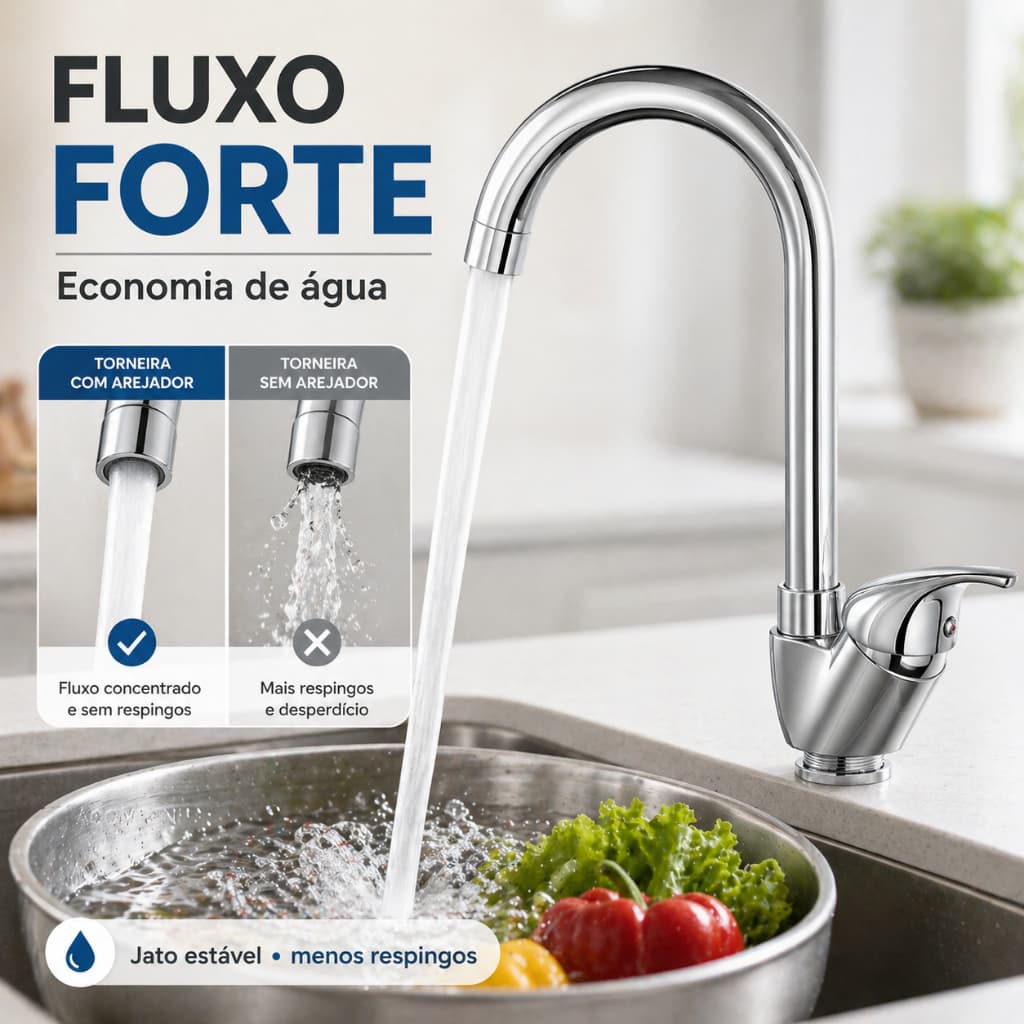 Torneira Cozinha Inox Cromada Quente e Fria Giratória 360° com Arejador ABS Heemli