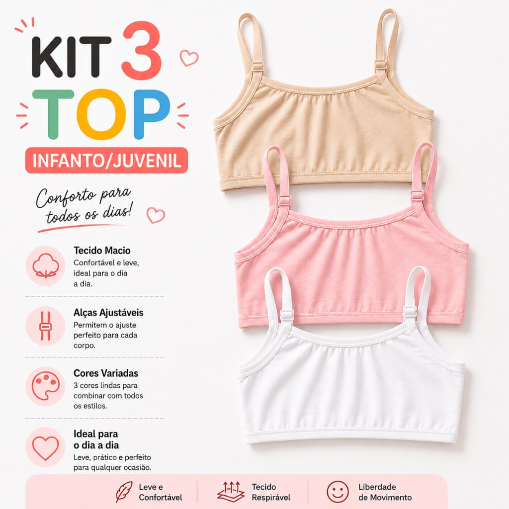 Kit 3 Sutia Infantil Juvenil Algodão Cotton Liso Alta Qualidade Conforto Top Dia a Dia Menina Moça