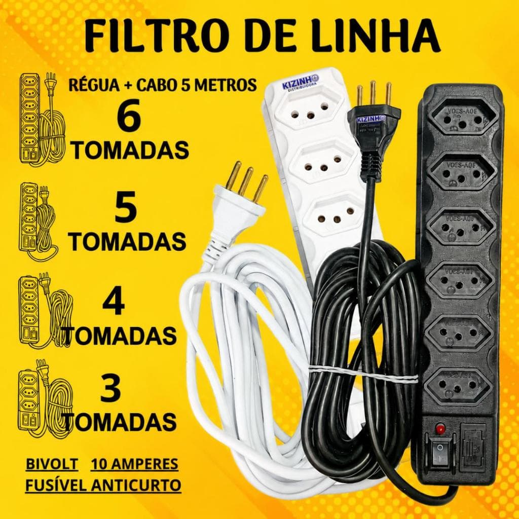 Filtro de Linha 5 Metros Régua + Cabo 3, 4, 5 e 6 Tomadas Bivolt 10 Amperes Fusível de Prteção 3A