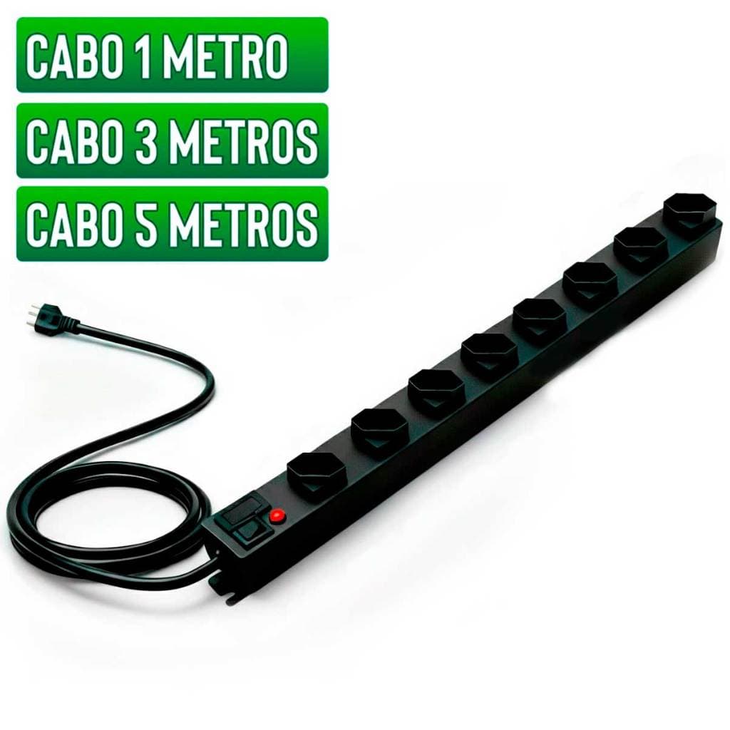 Filtro Linha 8 Tom. 10A - (3cm Espaçamento)  Extensão 1mt / 3mt / 5mt Metal Régua de Tomadas Profissional