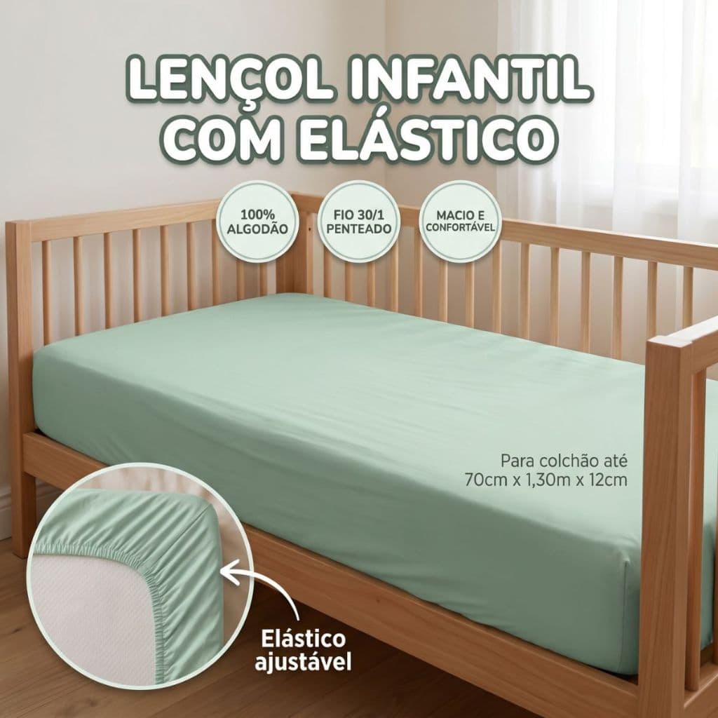 Lençol Infantil Liso Berço Americano Fio 30/1 Penteado Macio Com Elástico 70x130cm Menina E Menino
