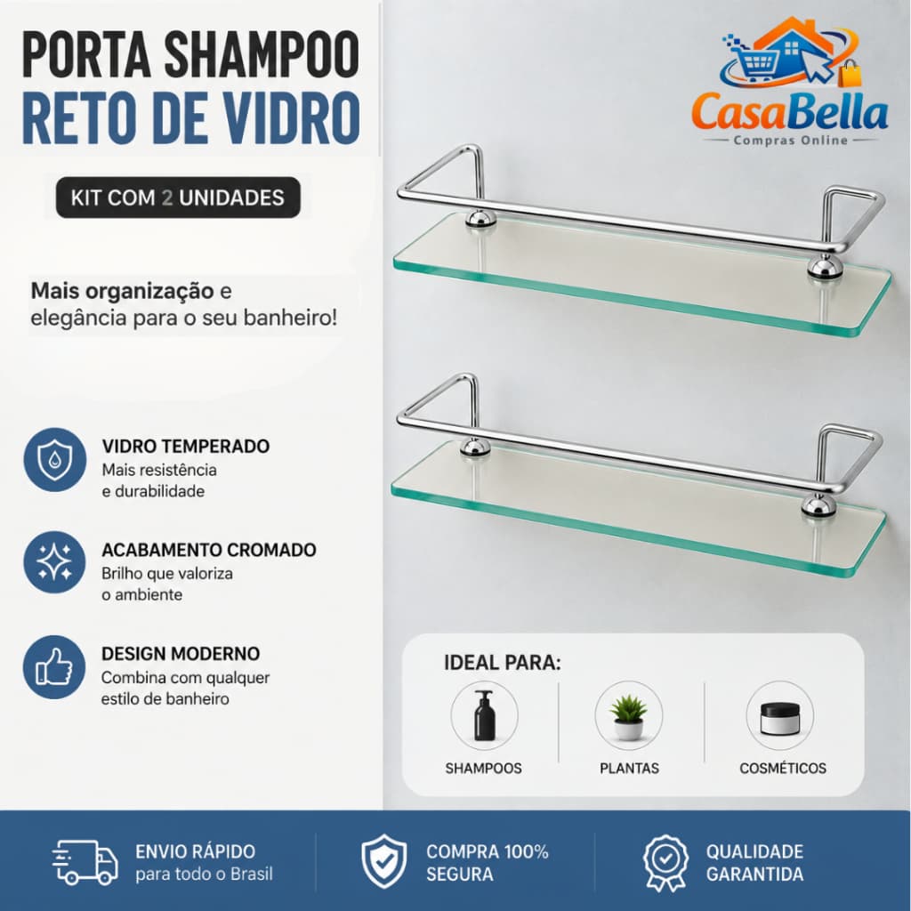 Kit Com 2 Porta Shampoo Reto De 30cm em Alumínio e Vidro Temperado Prateleira Banheiro