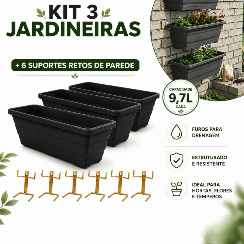 Kit 3 Jardineira com Suportes Reto de Parede 9,7L Horta Vertical Floreira Retangular