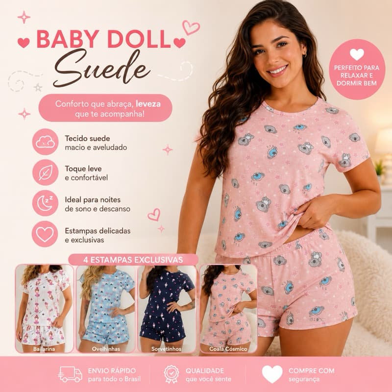 Pijama Baby Doll Feminino Suede Estampado Conjunto Curto Macio Confortável