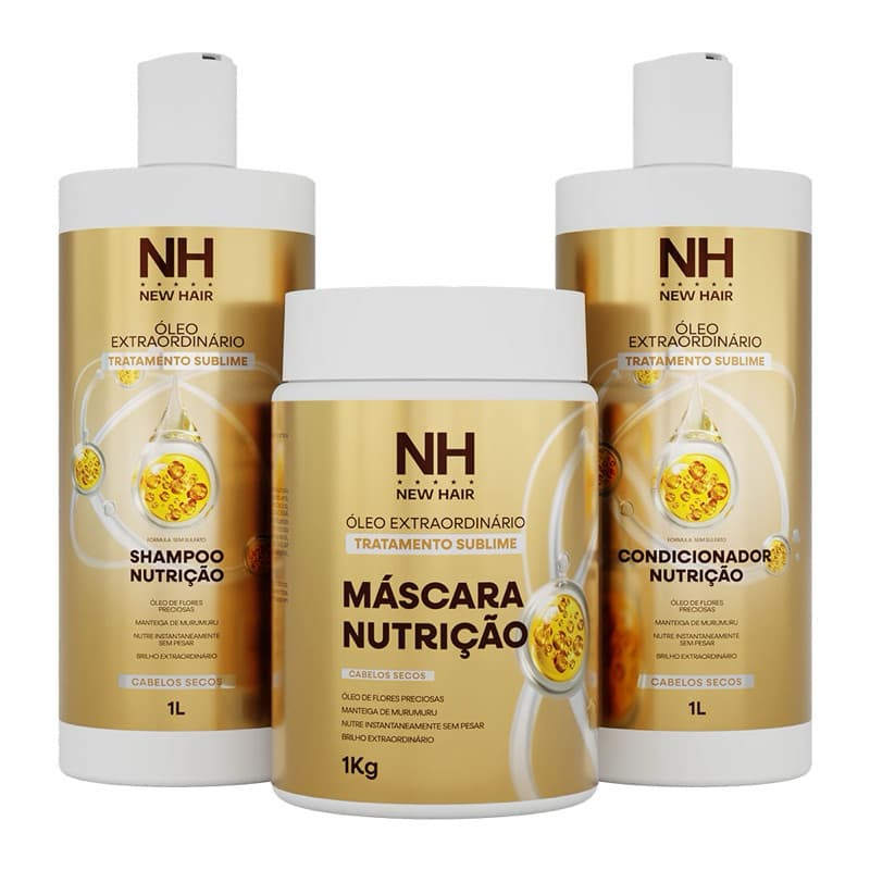 Kit New Hair Óleo Extraordinário Nutrição Cabelos Secos Sem Sulfato 1L Profissional sh+cond+masc