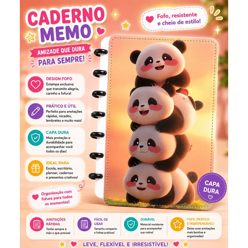 Caderno de Disco A5 Capa Dura Panda Fofo 8 Discos para Anotações e Planner