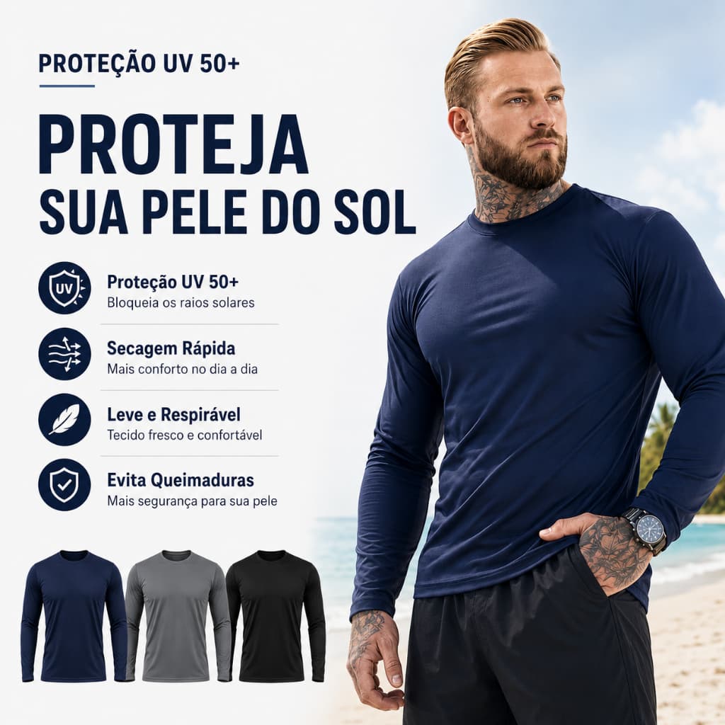 Camiseta Térmica UV 50+ Proteção Solar Pesca Praia Trabalho no Sol Leve e Respirável Segunda Pele