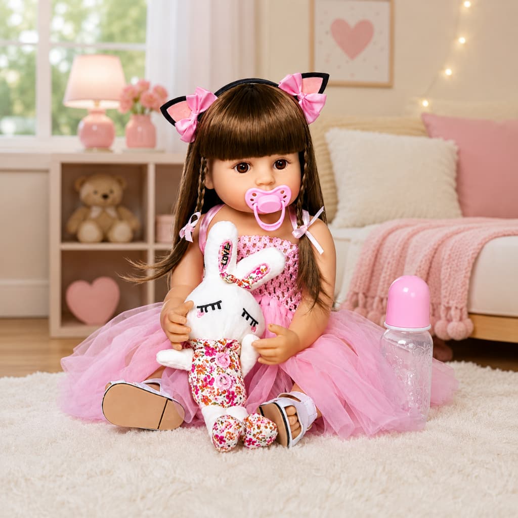 Boneca Luxo Bebê Reborn Menina com Chupeta Magnética, Pelúcia e Mamadeira Alta Qualidade
