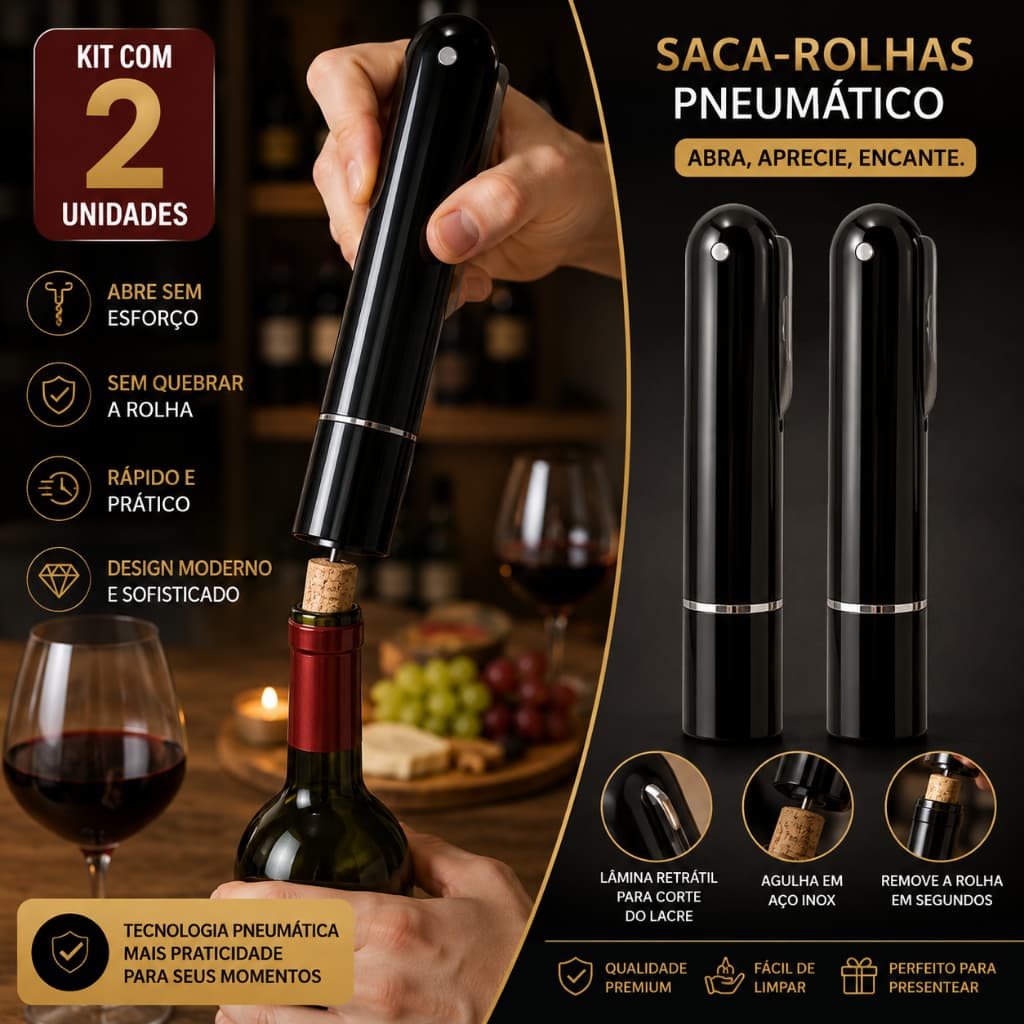 Kit Saca Rolhas Automático Abridor Garrafa Vinho Pneumático Fácil Rápido Seguro Preto