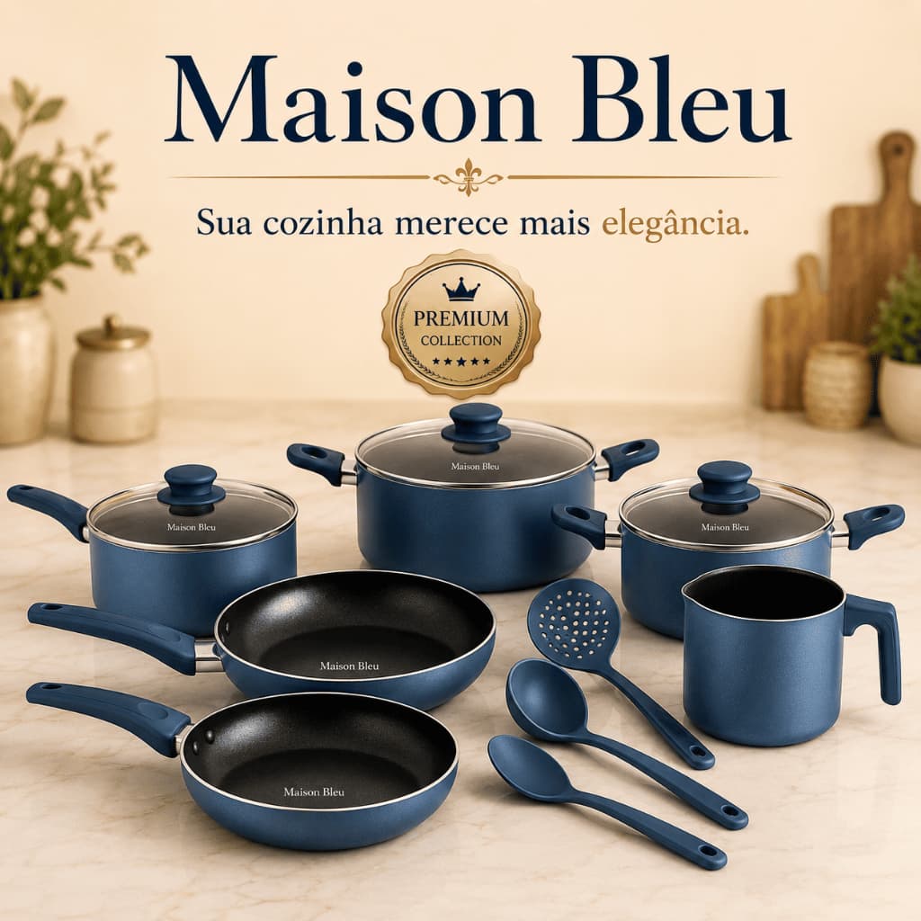 Jogo de Panelas Antiaderente 9 Peças Azul com Tampas de Vidro Maison Bleu