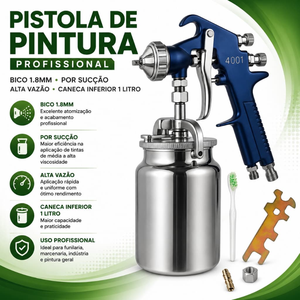 Pistola De Pintura Profissional Bico 1.8mm Por Sucção Alta Vazão Caneca Inferior 1 Litro