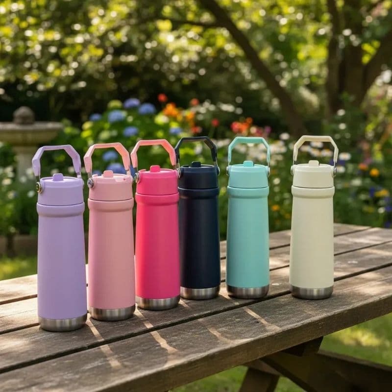 Garrafa Térmica Aço Inox 650ml Parede Dupla Canudo Flip Alça Portátil 12 Horas Escola Esporte