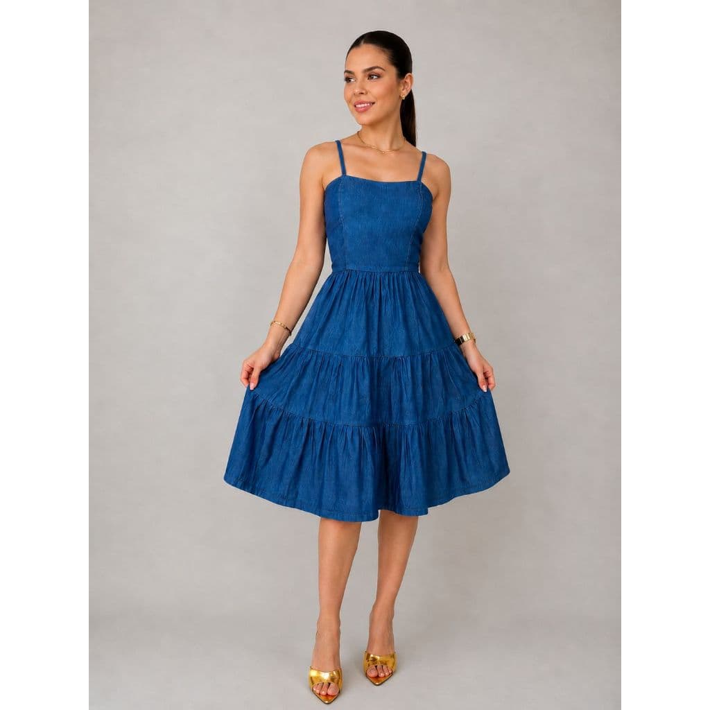 Vestido Jeans Feminino Alças Reguláveis Modelo Três Marias Midi Elegante Moda Casual