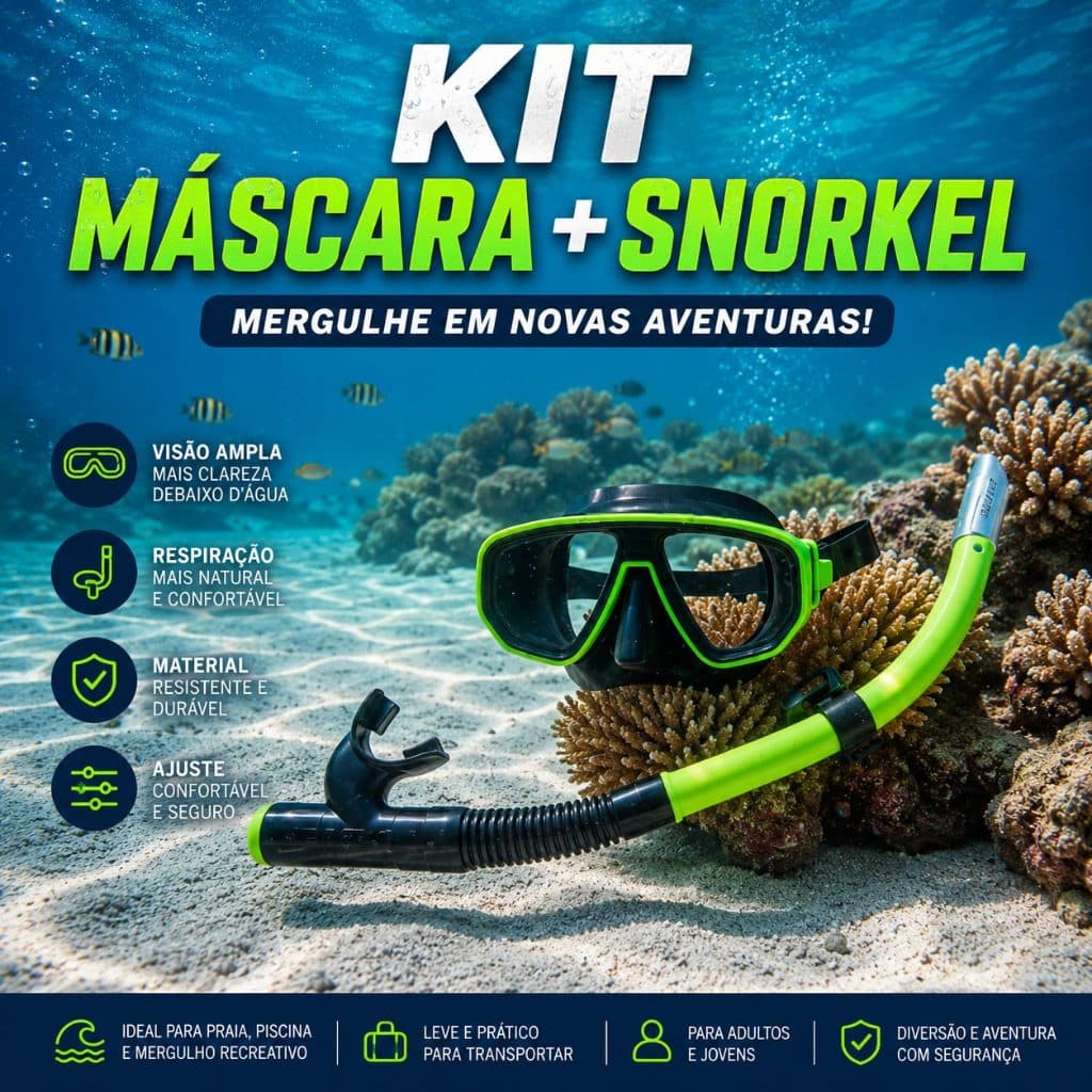 Kit Máscara de Mergulho com Snorkel Respirador Ajustável para Praia Piscina e Natação