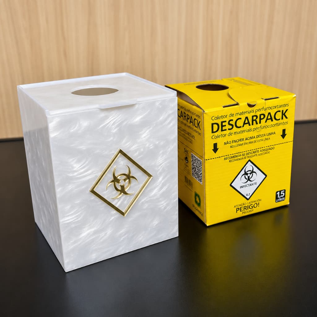 Caixa Coletora Descarpack 1,5L Personalizada em Acrílico Madreperola para Clínicas