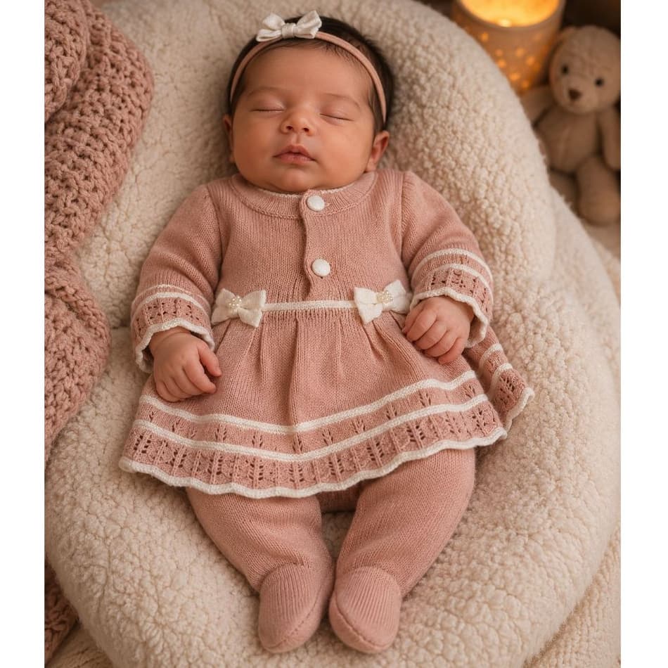 Vestido Laço Calça Récem Nascido Tricô infantil Bebê Menina Tricot RN
