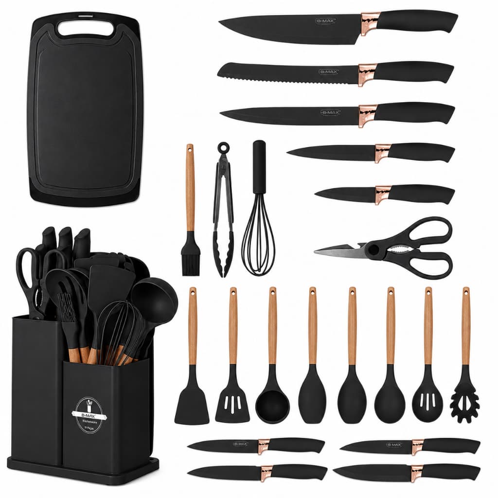 Kit 19 Peças Utensílios Cozinha Silicone Antiaderente Preto com Tábua