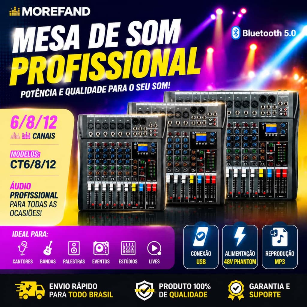 Mesa de Som Profissional MOREFAND CT 6/8/12 Canais Bluetooth 5.0 USB 48V Phantom EQ 3 Bandas para Gravação Lives