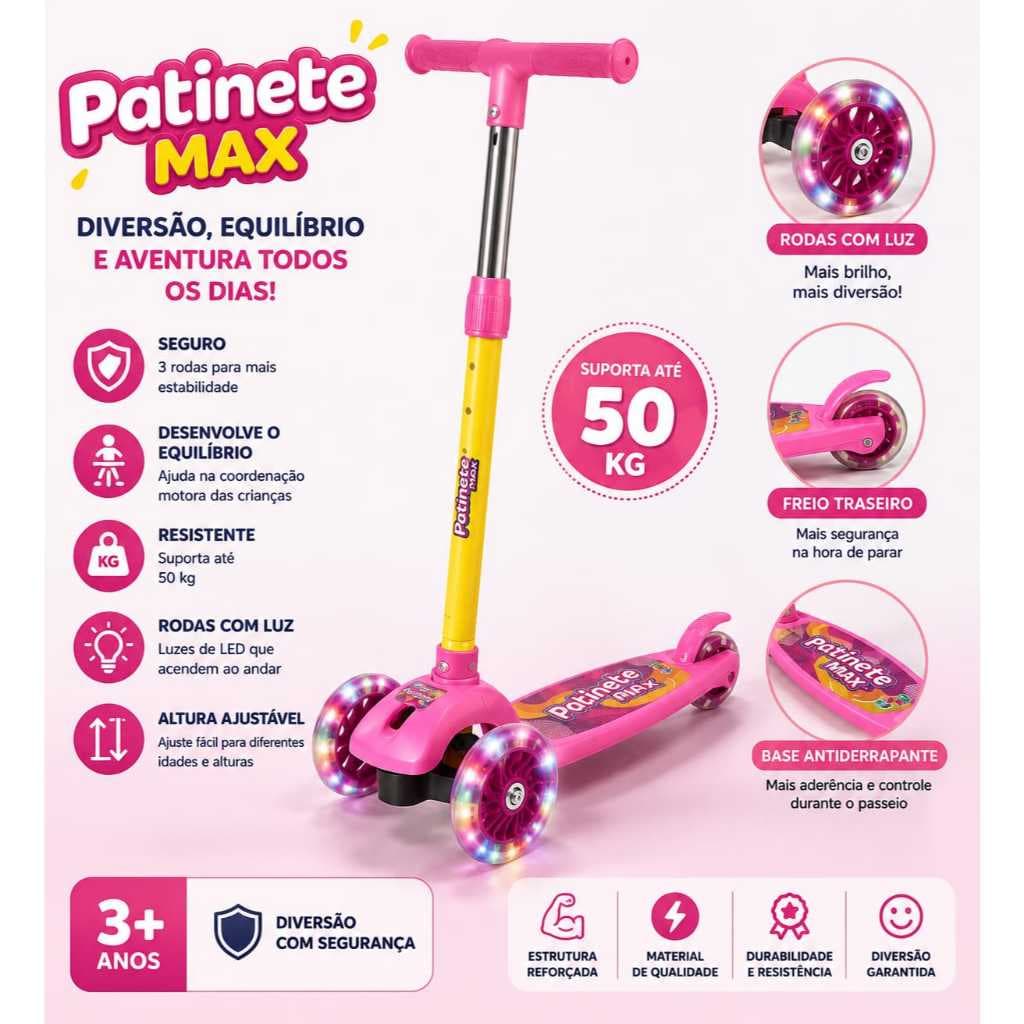 Patinete Infantil Com Led Musical 3 Rodas Criança Cestinha, suporta até 54 kg